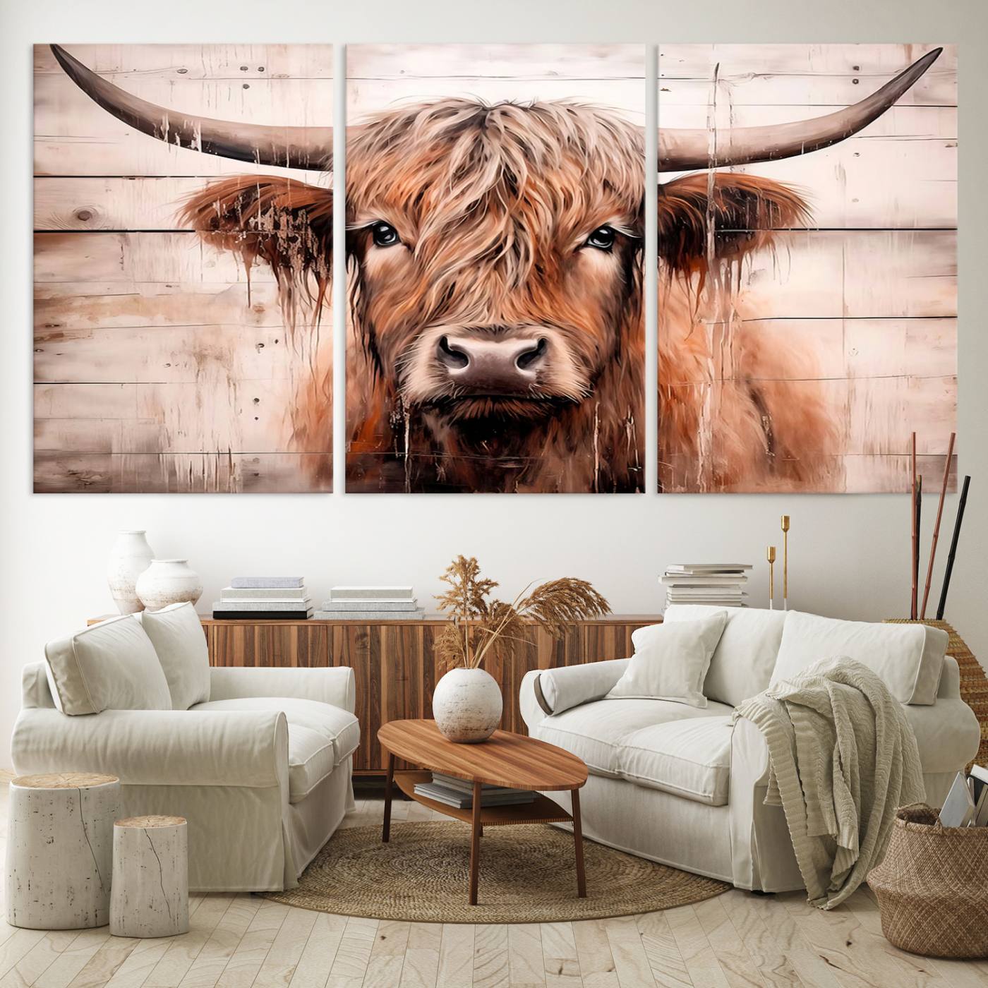 Vintage Scottish Highland Cow Cattle Art Print Farmhouse Wall Art Canvas Print