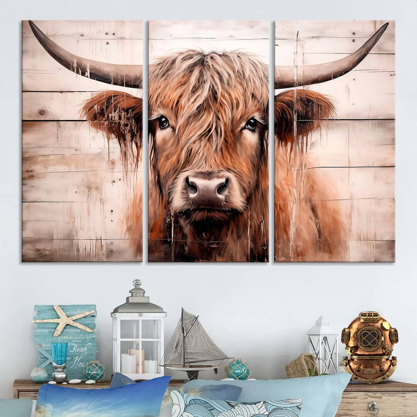 Vintage Scottish Highland Cow Cattle Art Print Farmhouse Wall Art Canvas Print