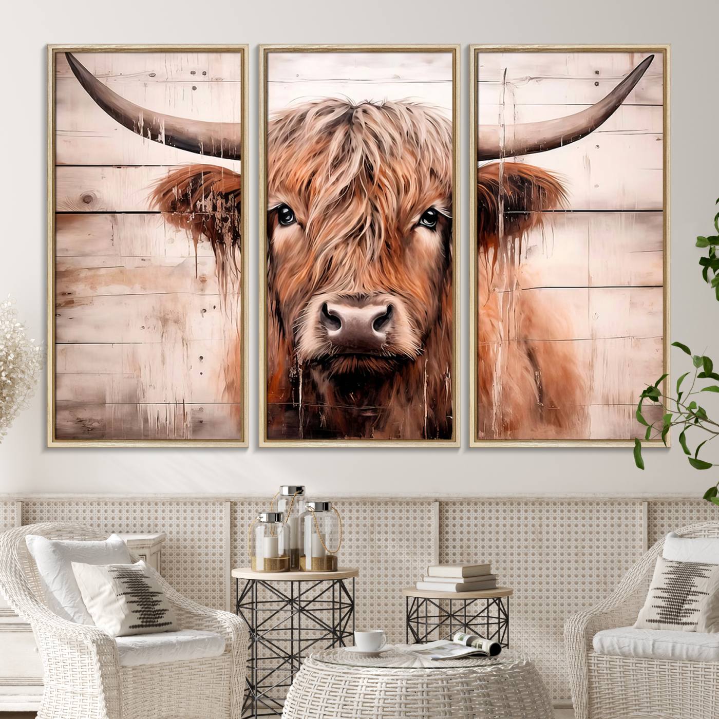 93730-MGV-FC-48X32-3P_Natural-Vintage Scottish Highland Cow Cattle Art Print Farmhouse Wall Art Canvas Print