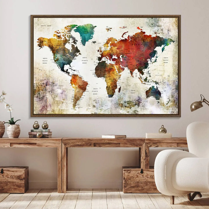 Vintage Sepia-Toned World Map Canvas Print, Rustic Earth-Tone World Map Wall Art, Large Antique Style Triptych Map Canvas for Home Decor