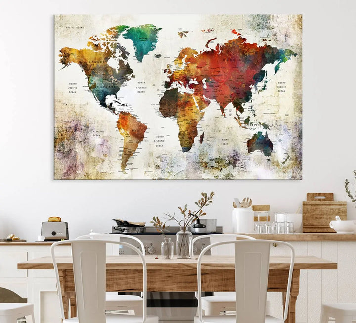 Vintage Sepia-Toned World Map Canvas Print, Rustic Earth-Tone World Map Wall Art, Large Antique Style Triptych Map Canvas for Home Decor