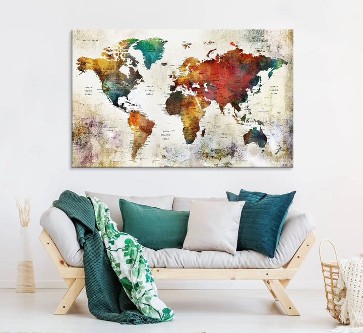Vintage Sepia-Toned World Map Canvas Print, Rustic Earth-Tone World Map Wall Art, Large Antique Style Triptych Map Canvas for Home Decor