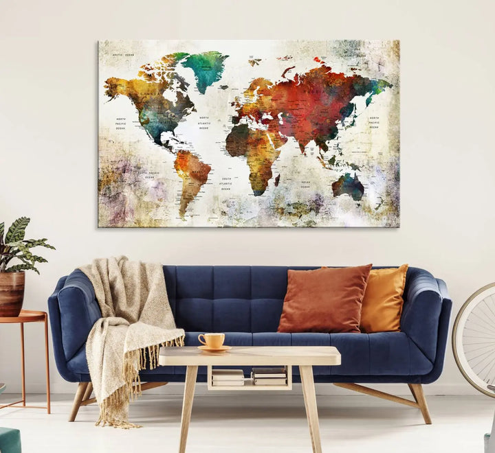 Vintage Sepia-Toned World Map Canvas Print, Rustic Earth-Tone World Map Wall Art, Large Antique Style Triptych Map Canvas for Home Decor
