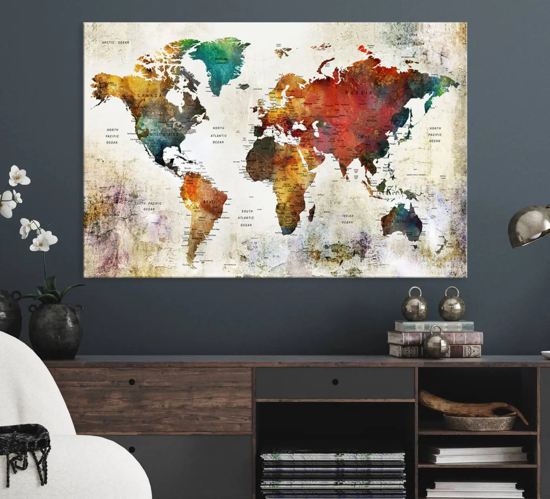 Vintage Sepia-Toned World Map Canvas Print, Rustic Earth-Tone World Map Wall Art, Large Antique Style Triptych Map Canvas for Home Decor