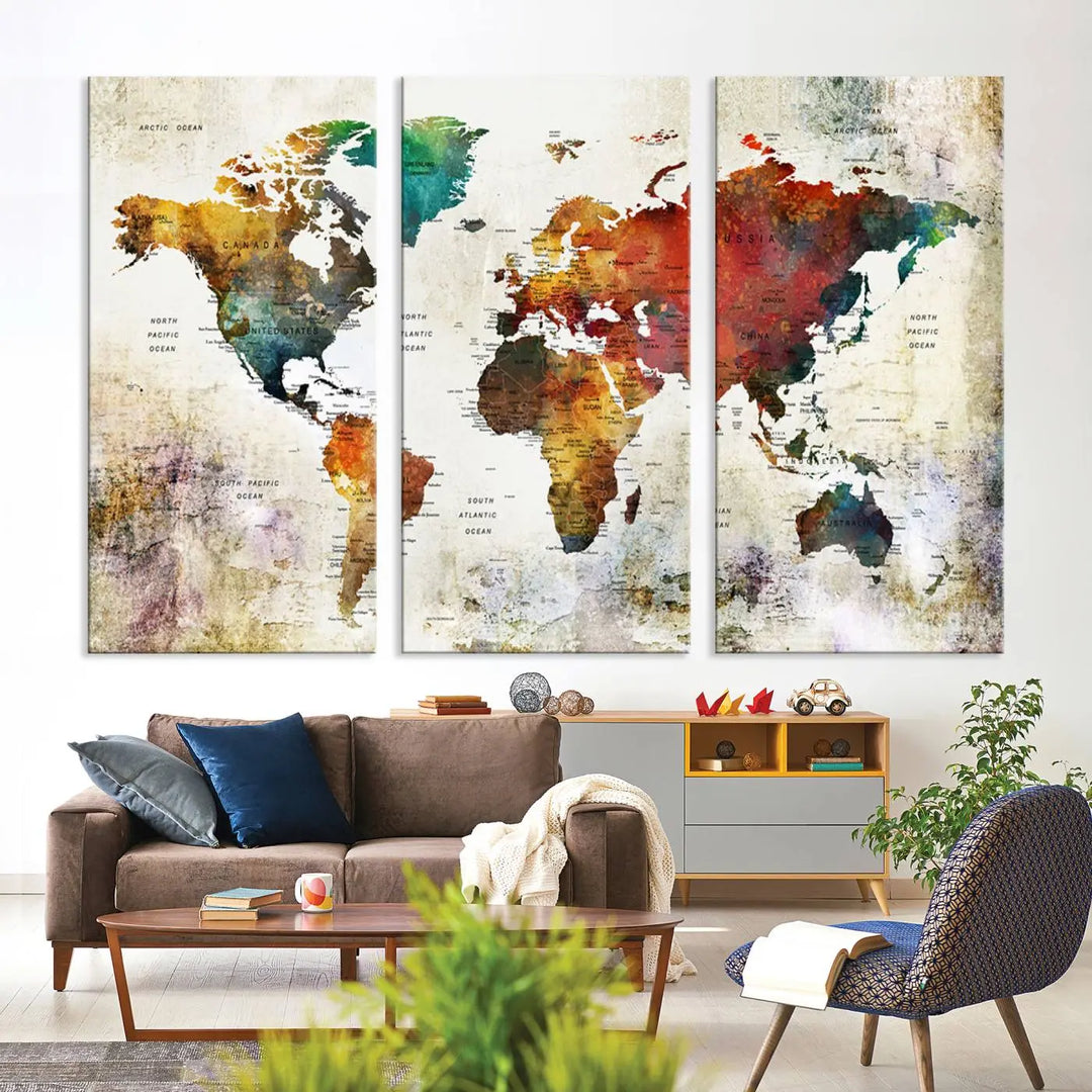 Vintage Sepia-Toned World Map Canvas Print, Rustic Earth-Tone World Map Wall Art, Large Antique Style Triptych Map Canvas for Home Decor