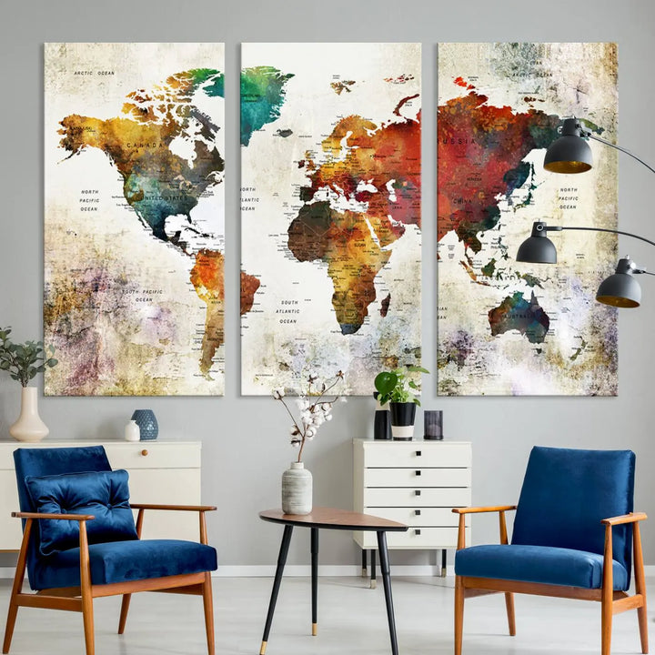 Vintage Sepia-Toned World Map Canvas Print, Rustic Earth-Tone World Map Wall Art, Large Antique Style Triptych Map Canvas for Home Decor