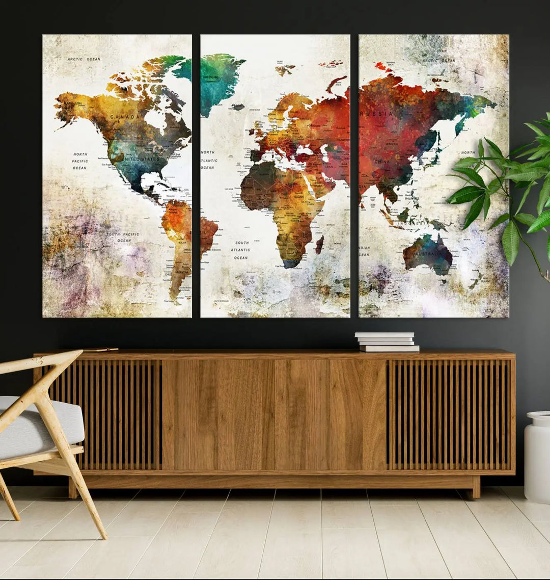 Vintage Sepia-Toned World Map Canvas Print, Rustic Earth-Tone World Map Wall Art, Large Antique Style Triptych Map Canvas for Home Decor