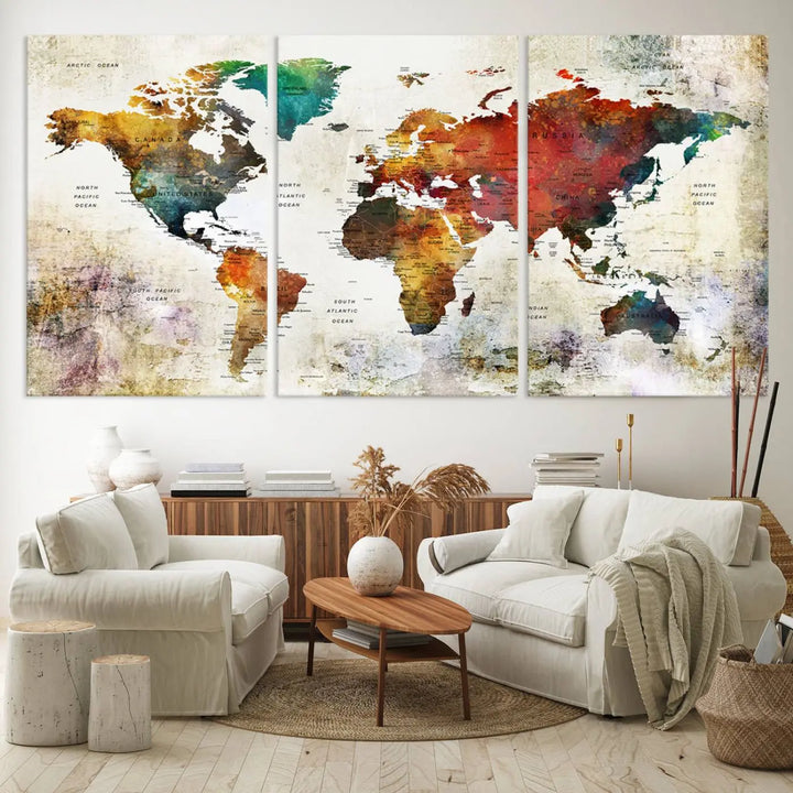 Vintage Sepia-Toned World Map Canvas Print, Rustic Earth-Tone World Map Wall Art, Large Antique Style Triptych Map Canvas for Home Decor