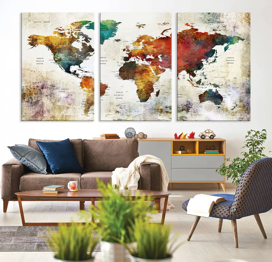 Vintage Sepia-Toned World Map Canvas Print, Rustic Earth-Tone World Map Wall Art, Large Antique Style Triptych Map Canvas for Home Decor