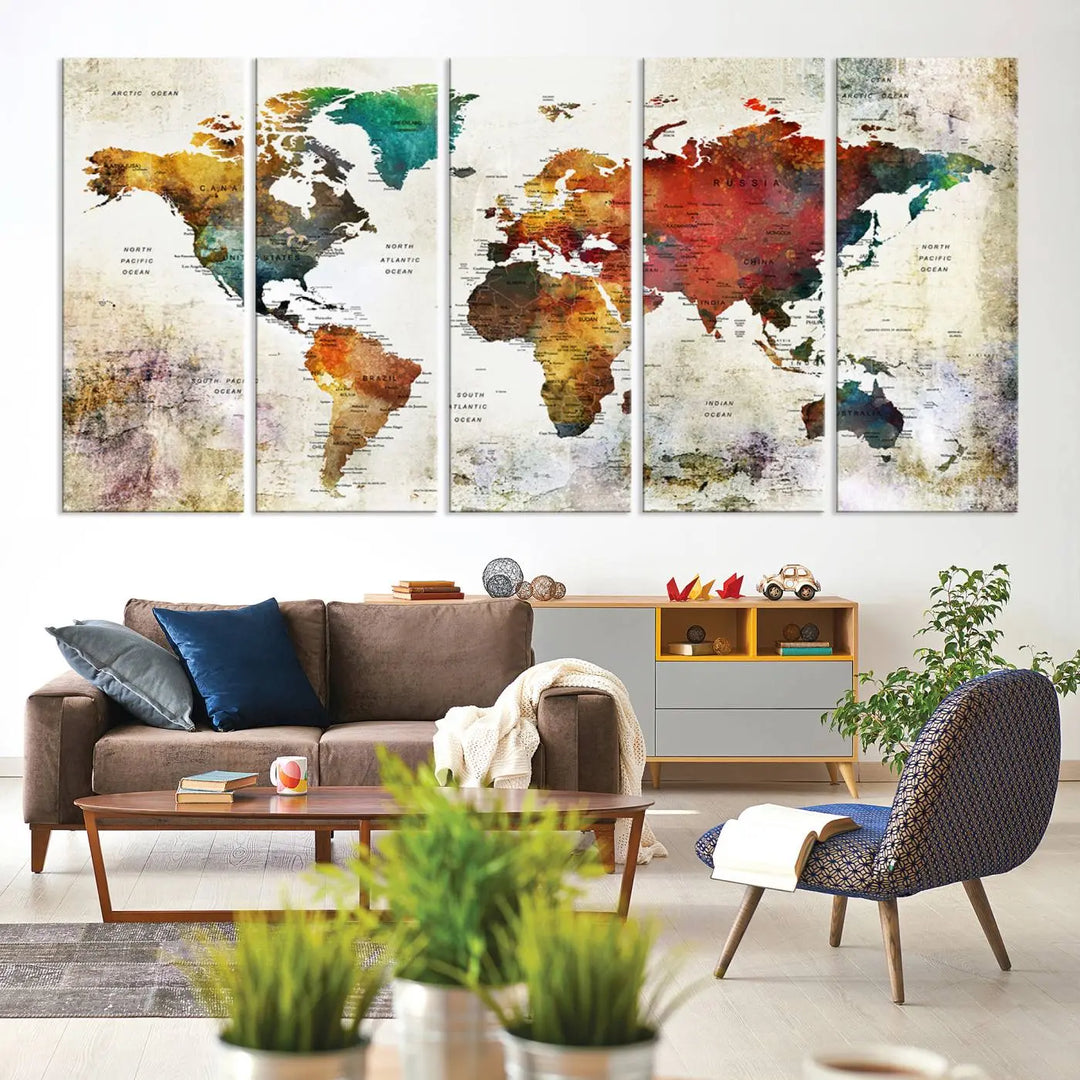 Vintage Sepia-Toned World Map Canvas Print, Rustic Earth-Tone World Map Wall Art, Large Antique Style Triptych Map Canvas for Home Decor