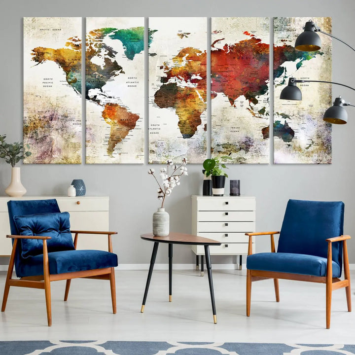 Vintage Sepia-Toned World Map Canvas Print, Rustic Earth-Tone World Map Wall Art, Large Antique Style Triptych Map Canvas for Home Decor