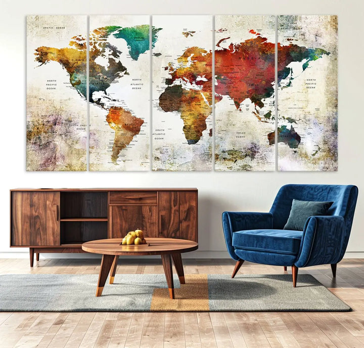 Vintage Sepia-Toned World Map Canvas Print, Rustic Earth-Tone World Map Wall Art, Large Antique Style Triptych Map Canvas for Home Decor