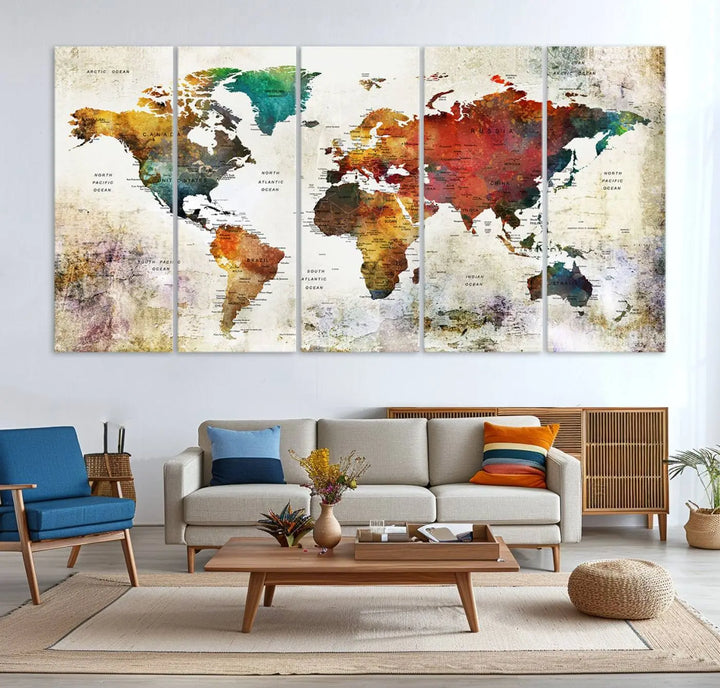 Vintage Sepia-Toned World Map Canvas Print, Rustic Earth-Tone World Map Wall Art, Large Antique Style Triptych Map Canvas for Home Decor