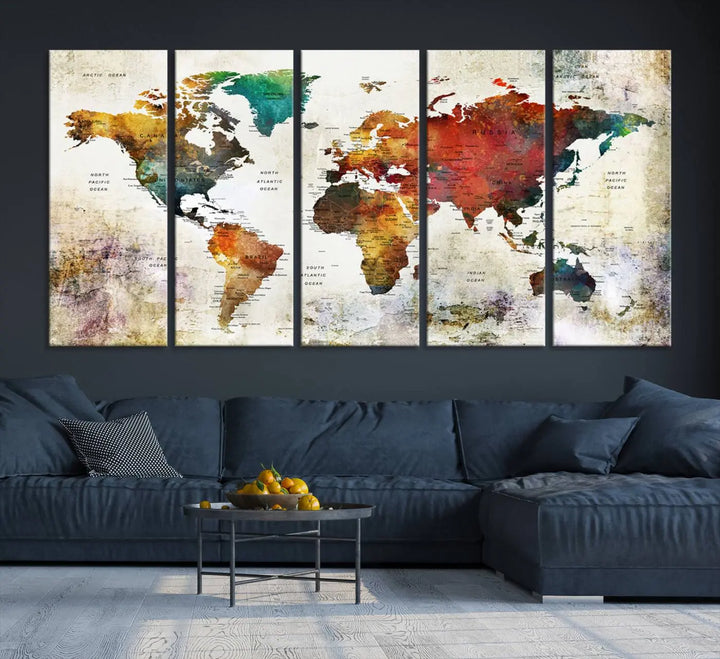 Vintage Sepia-Toned World Map Canvas Print, Rustic Earth-Tone World Map Wall Art, Large Antique Style Triptych Map Canvas for Home Decor