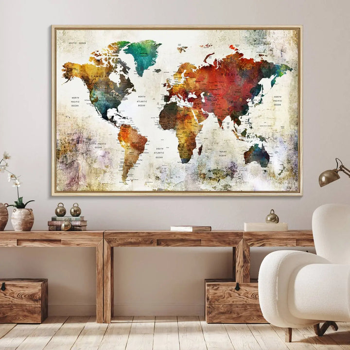 Vintage Sepia-Toned World Map Canvas Print, Rustic Earth-Tone World Map Wall Art, Large Antique Style Triptych Map Canvas for Home Decor
