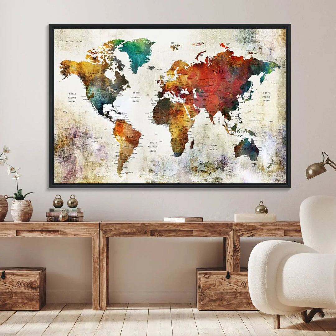 A vintage sepia-toned world map canvas adorns the wall.