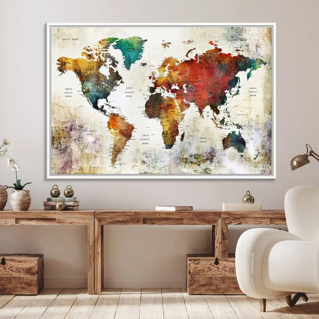 A vintage sepia-toned world map canvas adorns the wall.