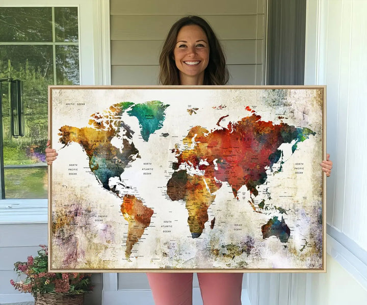A vintage sepia-toned world map canvas adorns the wall.