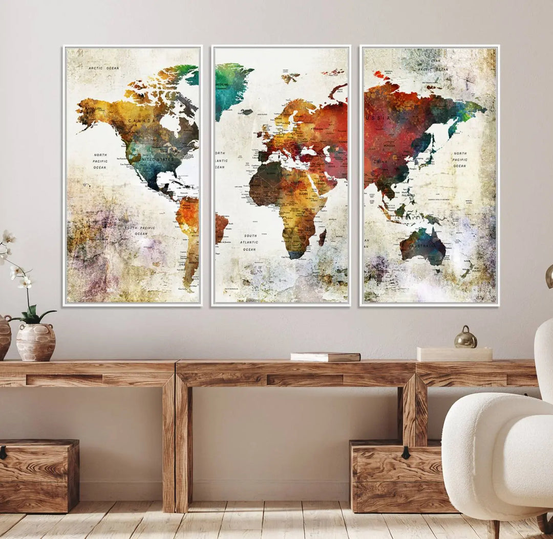 A vintage sepia-toned world map canvas adorns the wall.
