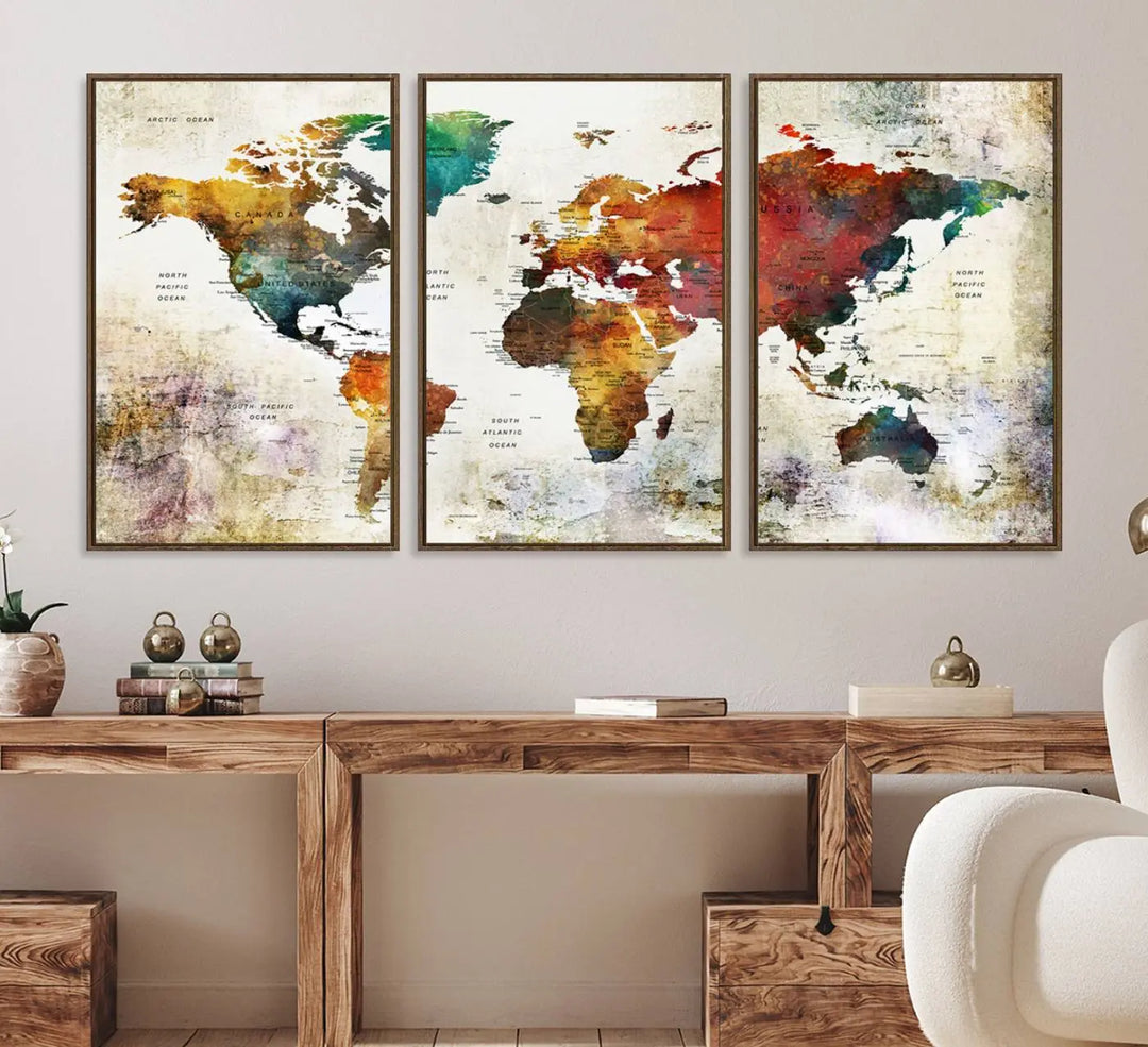 A vintage sepia-toned world map canvas adorns the wall.