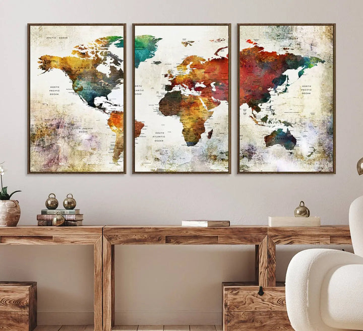 A vintage sepia-toned world map canvas adorns the wall.