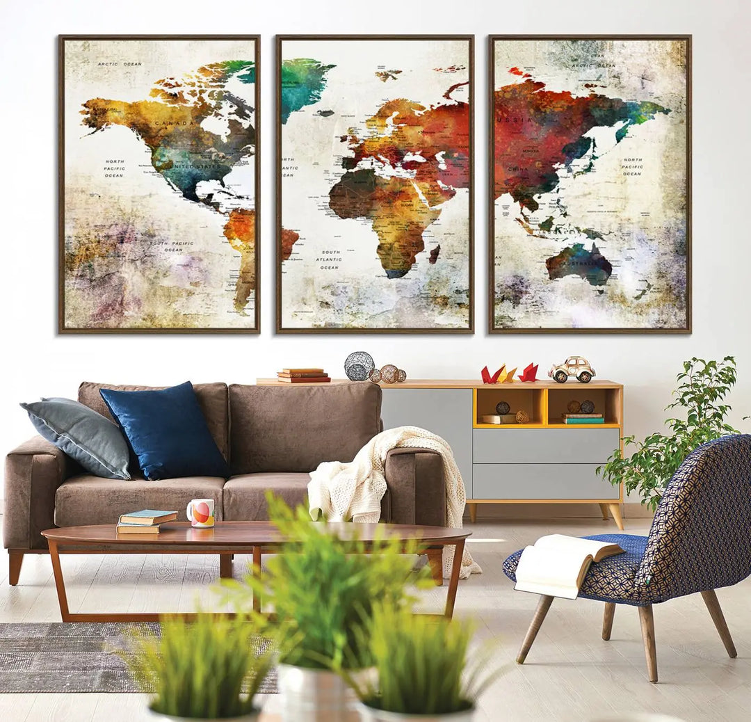 A vintage sepia-toned world map canvas adorns the wall.