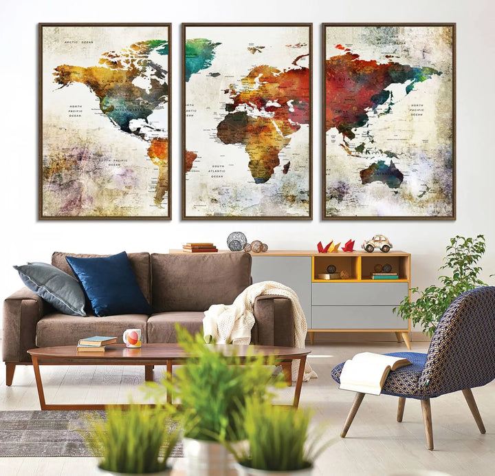 A vintage sepia-toned world map canvas adorns the wall.