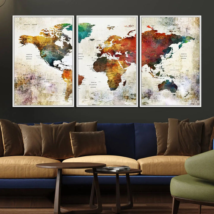 A vintage sepia-toned world map canvas adorns the wall.