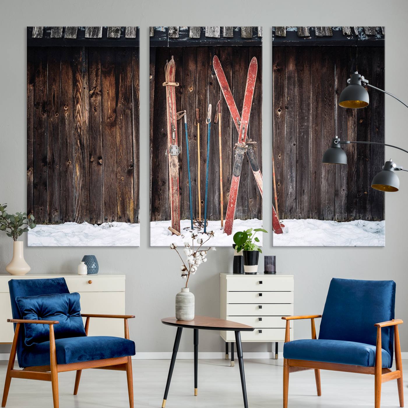 Vintage Ski Gear Canvas Print, Vintage Ski Gear Against Wooden Cabin Wall, Rustic Winter Sports Equipment Canvas Print, Ready to Hang Wall