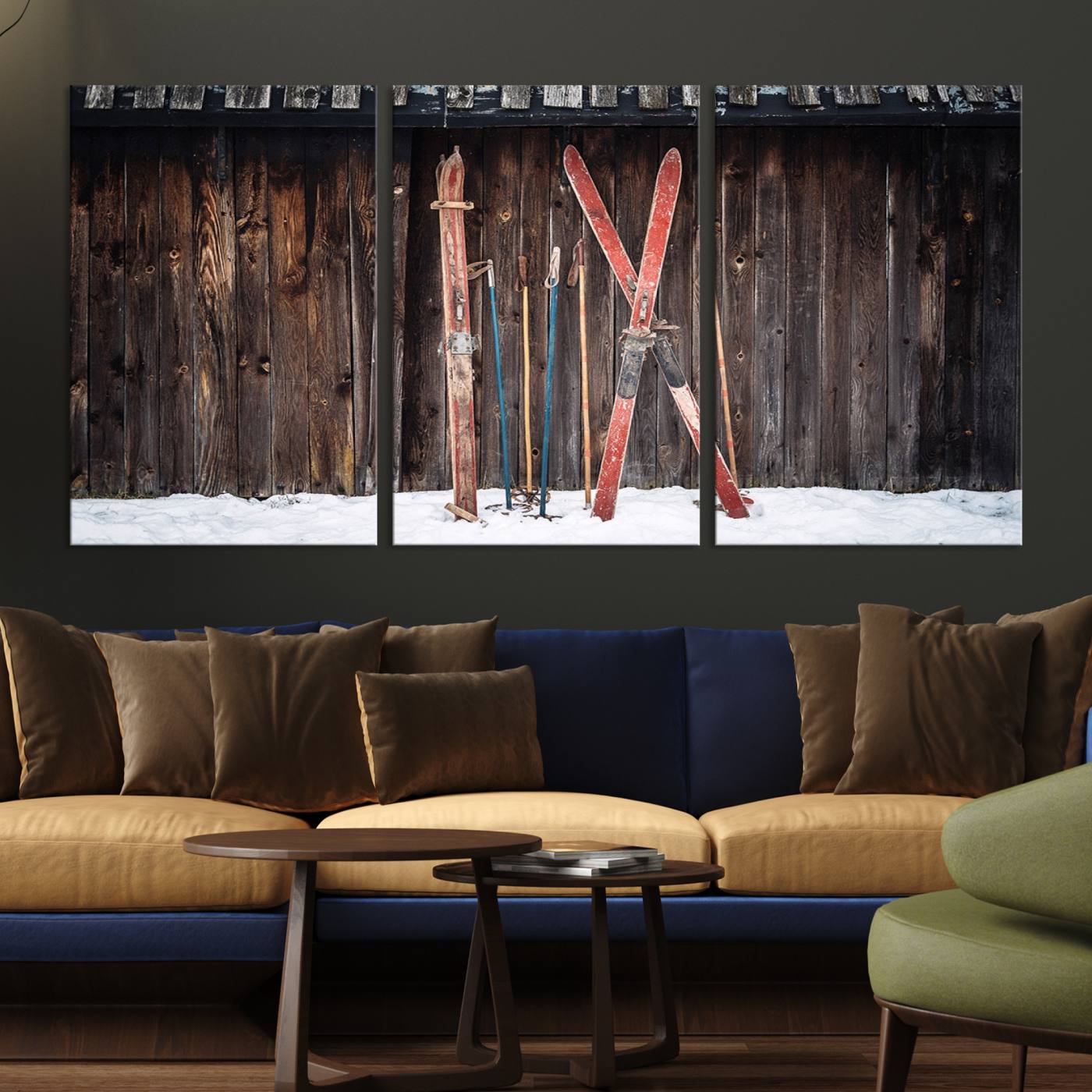 Vintage Ski Gear Canvas Print, Vintage Ski Gear Against Wooden Cabin Wall, Rustic Winter Sports Equipment Canvas Print, Ready to Hang Wall