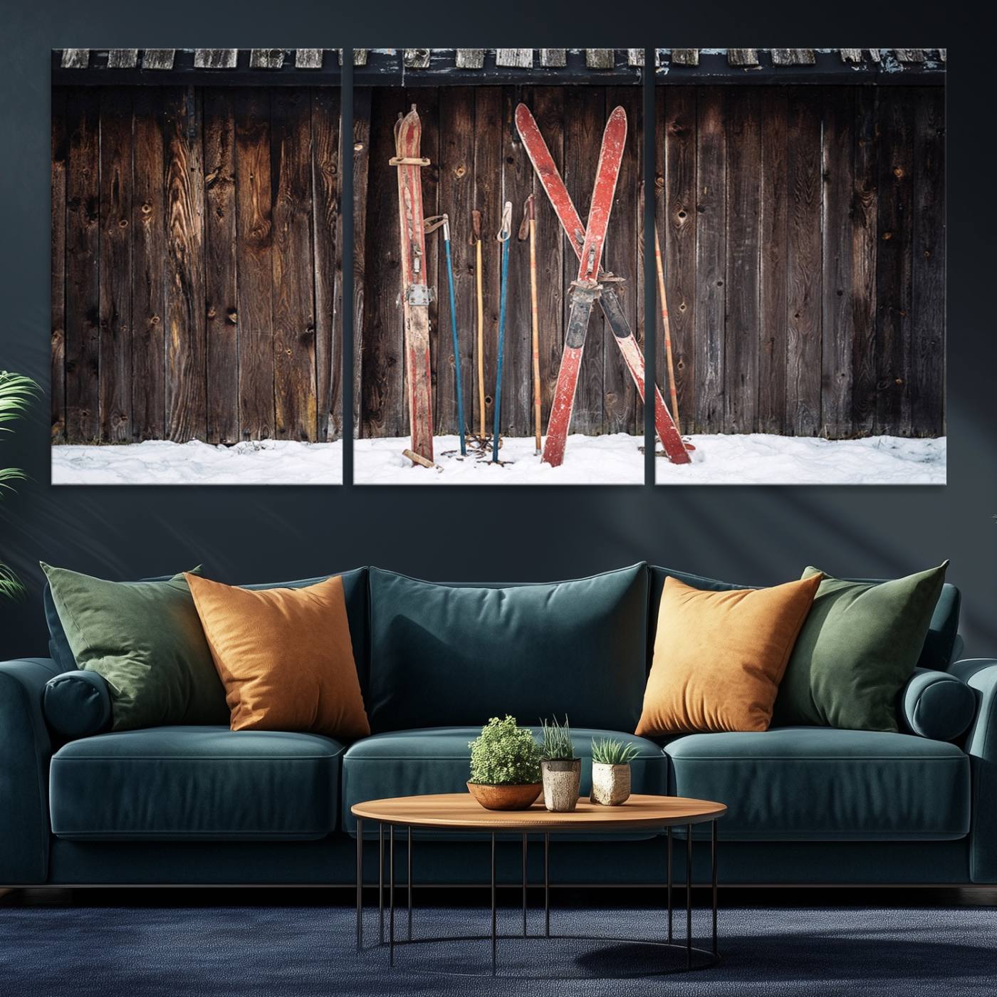 Vintage Ski Gear Canvas Print, Vintage Ski Gear Against Wooden Cabin Wall, Rustic Winter Sports Equipment Canvas Print, Ready to Hang Wall