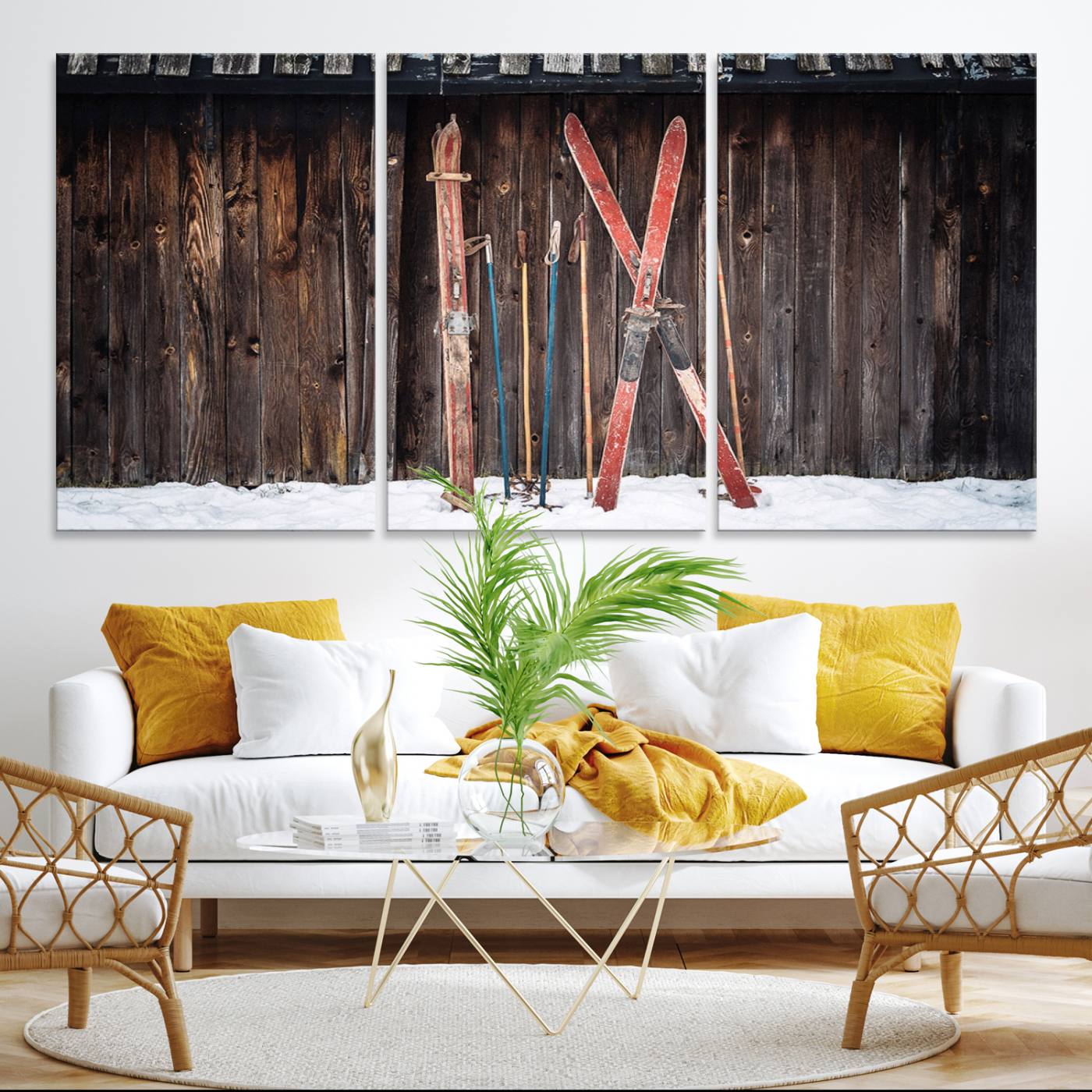 Vintage Ski Gear Canvas Print, Vintage Ski Gear Against Wooden Cabin Wall, Rustic Winter Sports Equipment Canvas Print, Ready to Hang Wall