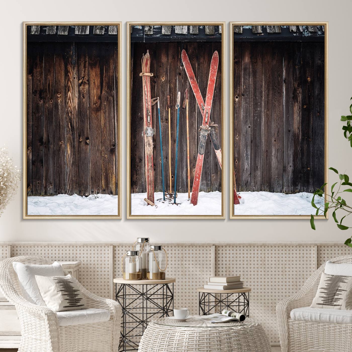 78590-MGV-CV-36X24-Vintage Ski Gear Canvas Print, Vintage Ski Gear Against Wooden Cabin Wall, Rustic Winter Sports Equipment Canvas Print, Ready to Hang Wall