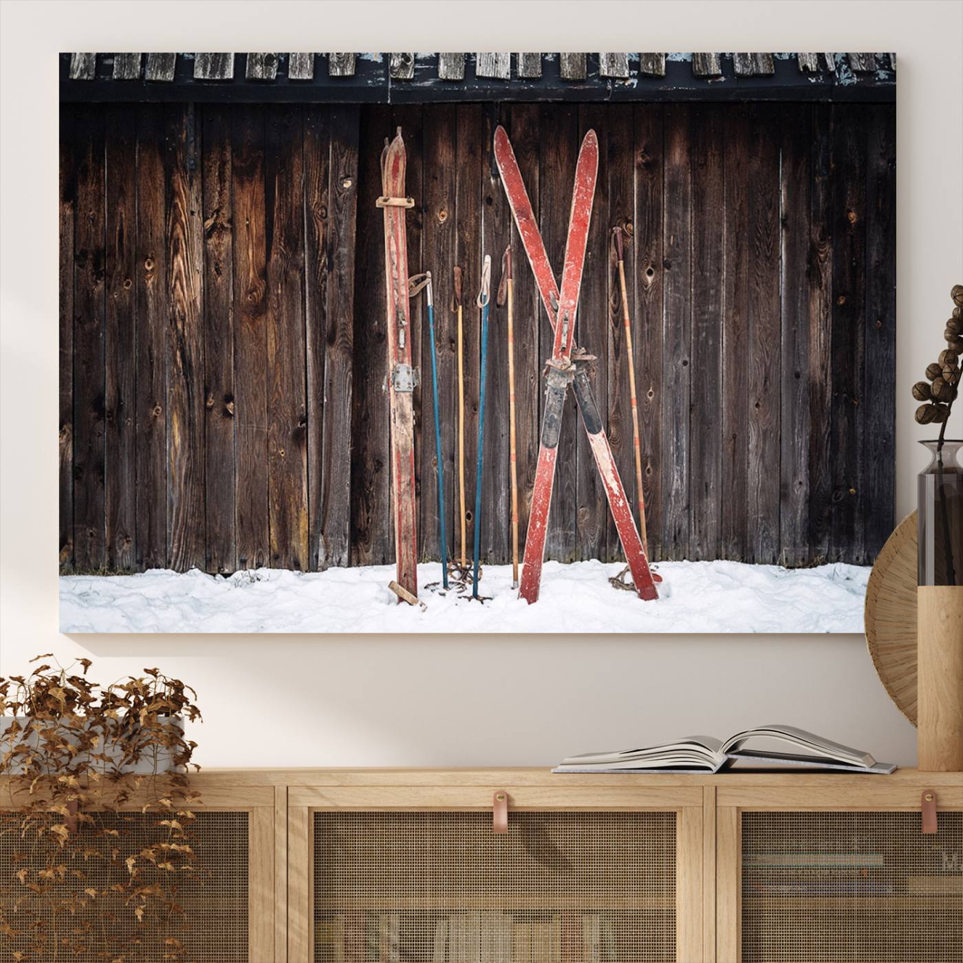Vintage Ski Gear Canvas Print, Vintage Ski Gear Against Wooden Cabin Wall, Rustic Winter Sports Equipment Canvas Print, Ready to Hang Wall