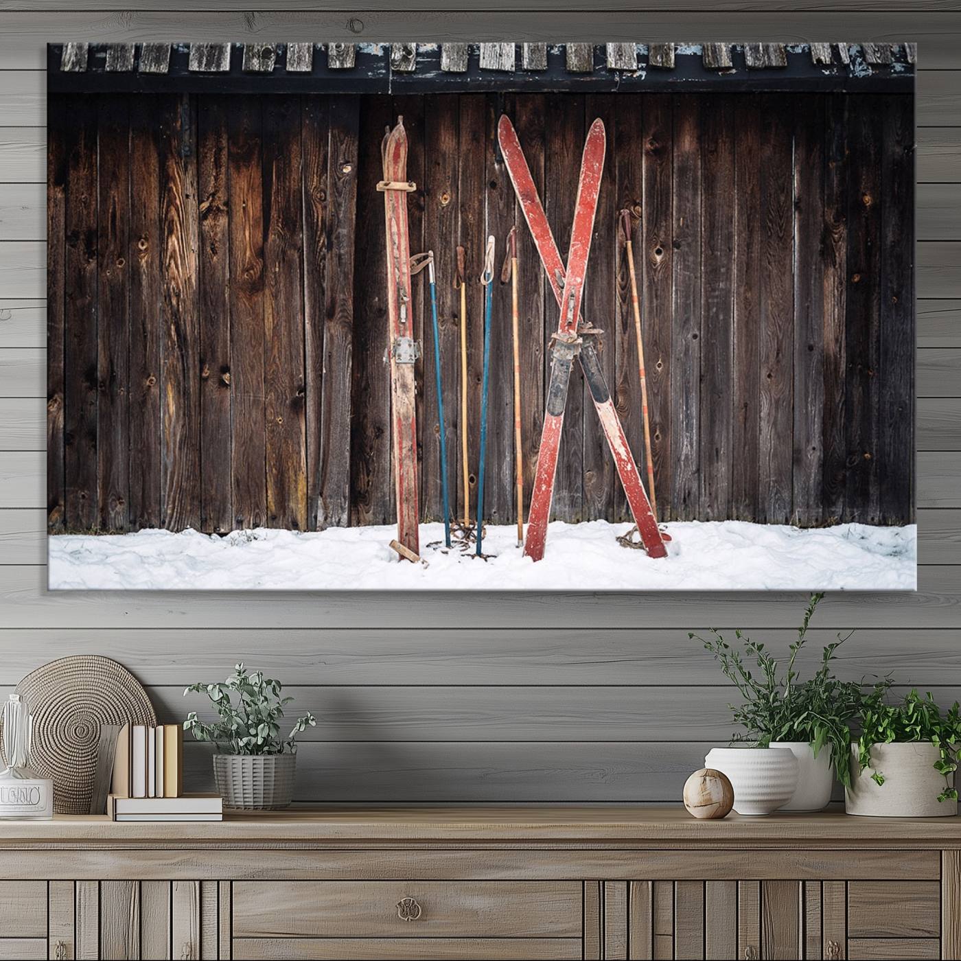 Vintage Ski Gear Canvas Print, Vintage Ski Gear Against Wooden Cabin Wall, Rustic Winter Sports Equipment Canvas Print, Ready to Hang Wall