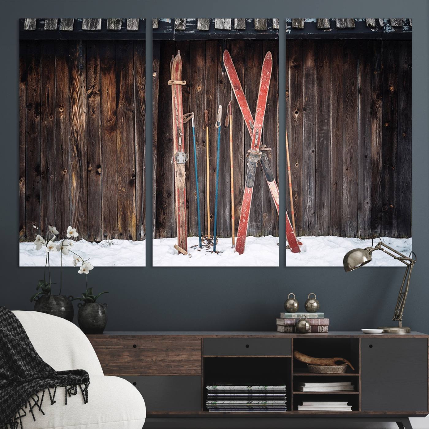 Vintage Ski Gear Canvas Print, Vintage Ski Gear Against Wooden Cabin Wall, Rustic Winter Sports Equipment Canvas Print, Ready to Hang Wall