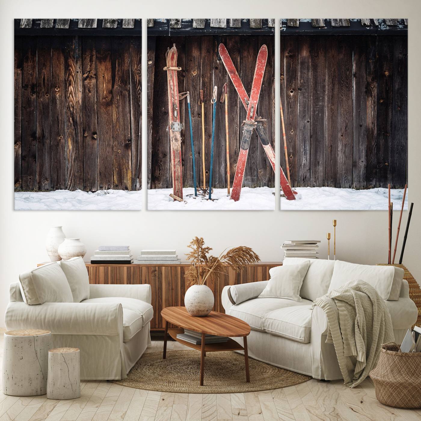 Vintage Ski Gear Canvas Print, Vintage Ski Gear Against Wooden Cabin Wall, Rustic Winter Sports Equipment Canvas Print, Ready to Hang Wall