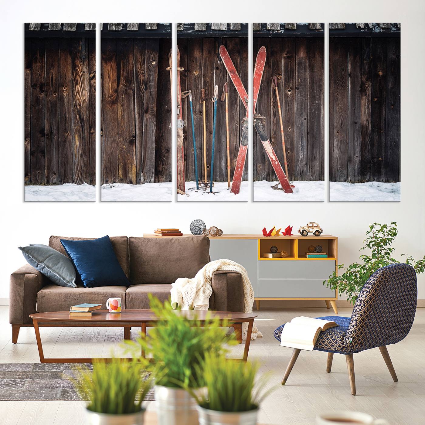Vintage Ski Gear Canvas Print, Vintage Ski Gear Against Wooden Cabin Wall, Rustic Winter Sports Equipment Canvas Print, Ready to Hang Wall