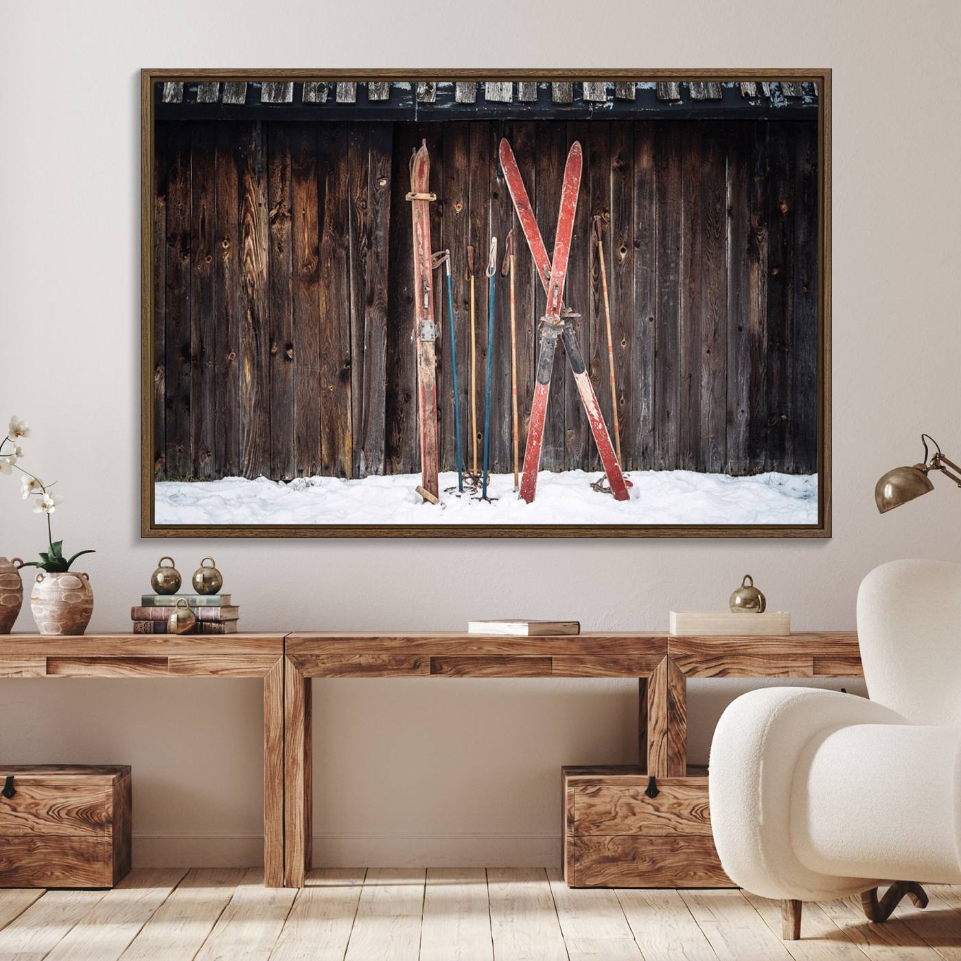 Vintage Ski Gear Canvas Print, Vintage Ski Gear Against Wooden Cabin Wall, Rustic Winter Sports Equipment Canvas Print, Ready to Hang Wall