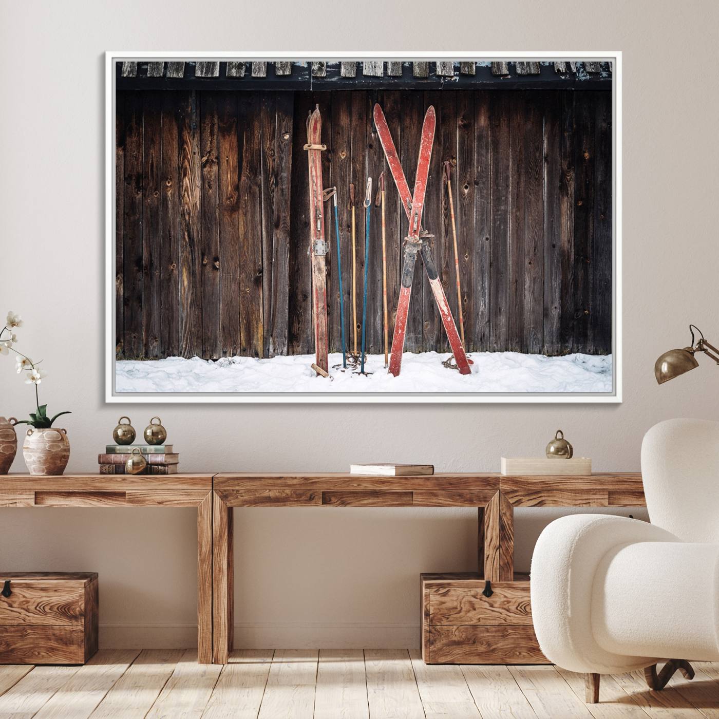 78590-MGV-FC-36X24_White-Vintage Ski Gear Canvas Print, Vintage Ski Gear Against Wooden Cabin Wall, Rustic Winter Sports Equipment Canvas Print, Ready to Hang Wall