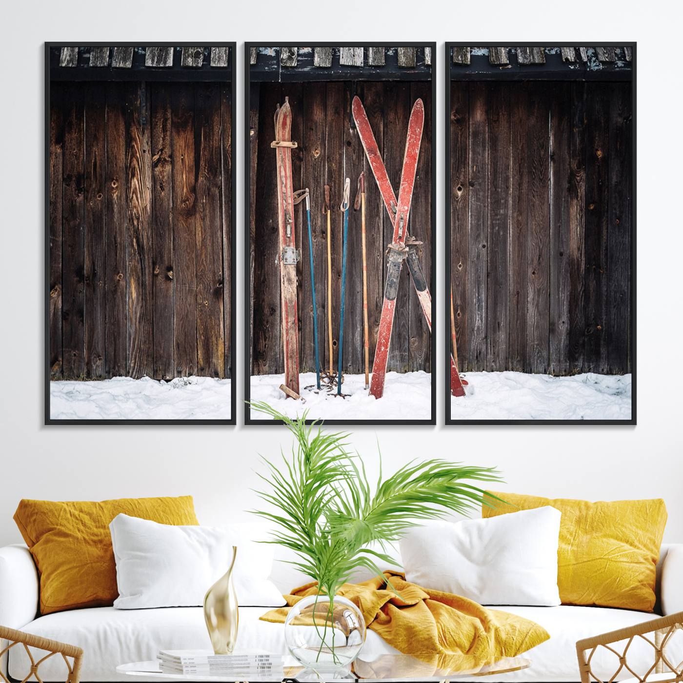 78590-MGV-FC-48X32-3P_Black-Vintage Ski Gear Canvas Print, Vintage Ski Gear Against Wooden Cabin Wall, Rustic Winter Sports Equipment Canvas Print, Ready to Hang Wall