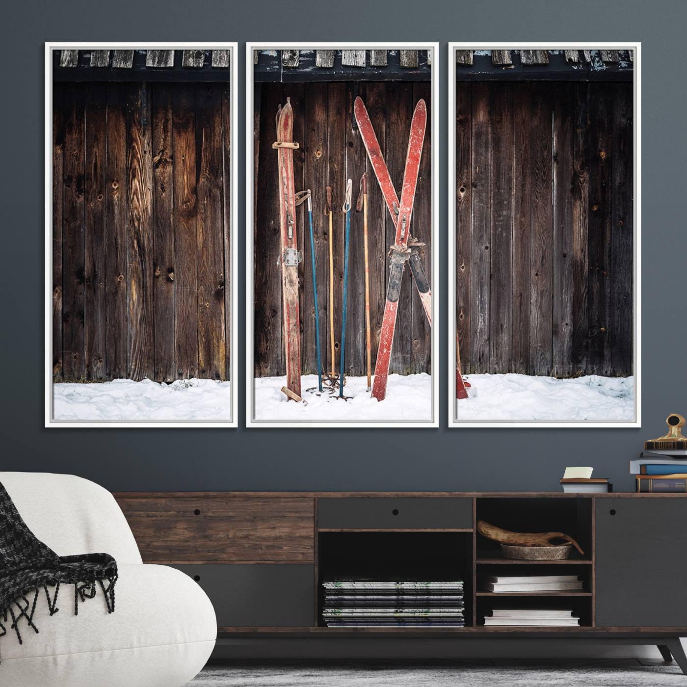 78590-MGV-FC-48X32-3P_White-Vintage Ski Gear Canvas Print, Vintage Ski Gear Against Wooden Cabin Wall, Rustic Winter Sports Equipment Canvas Print, Ready to Hang Wall