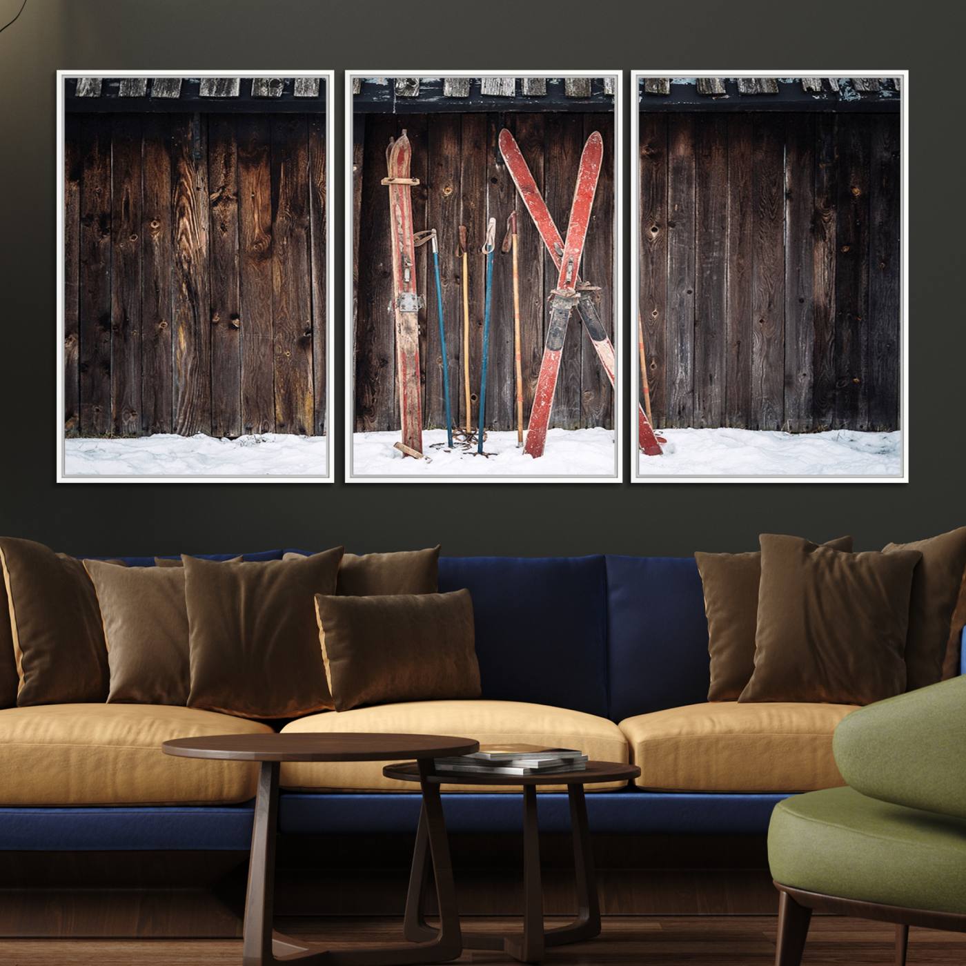 78590-MGV-FC-60X30-3P_White-Vintage Ski Gear Canvas Print, Vintage Ski Gear Against Wooden Cabin Wall, Rustic Winter Sports Equipment Canvas Print, Ready to Hang Wall
