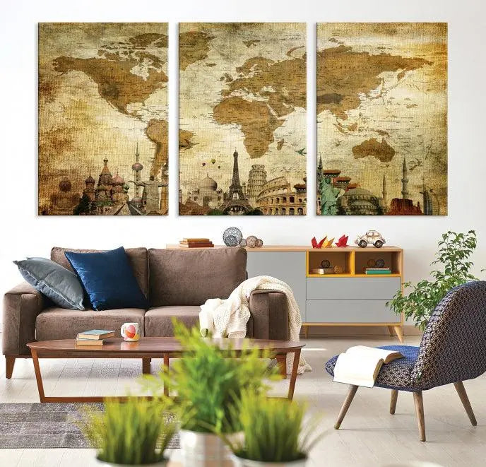 Vintage Style World Map Wall Art Canvas Print 