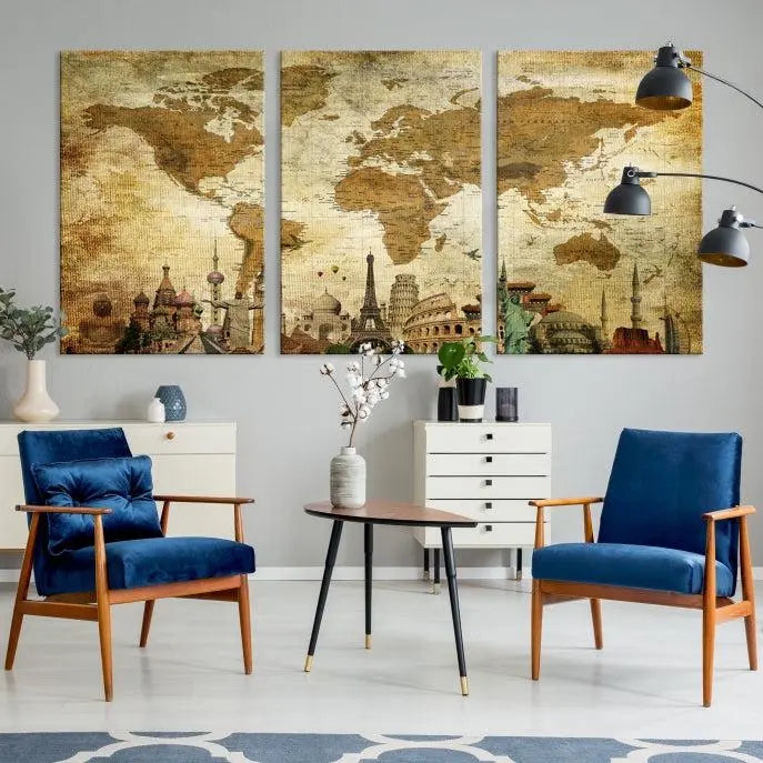 Vintage Style World Map Wall Art Canvas Print 