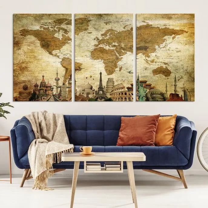 Vintage Style World Map Wall Art Canvas Print 