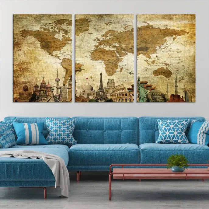 Vintage Style World Map Wall Art Canvas Print 