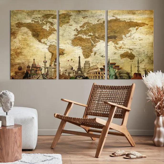 Vintage Style World Map Wall Art Canvas Print 