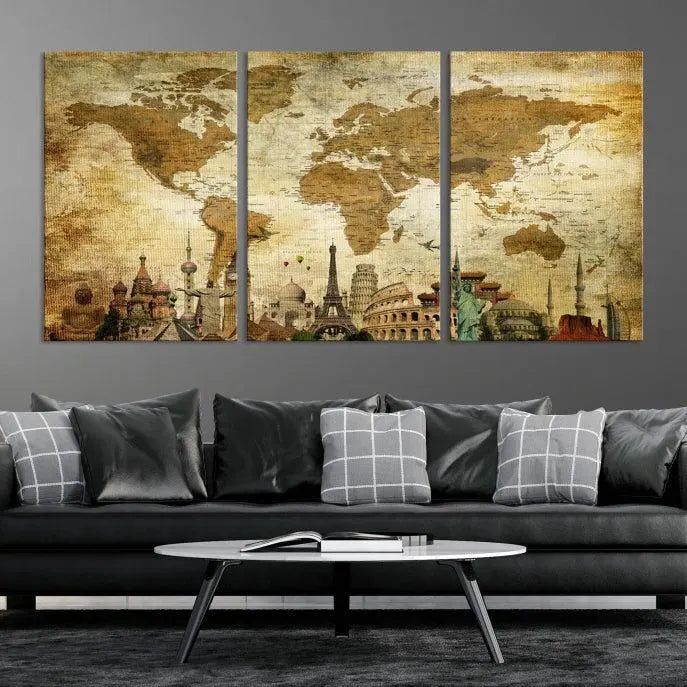 Vintage Style World Map Wall Art Canvas Print 