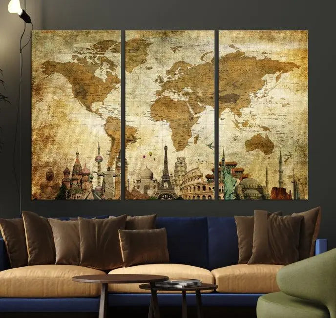 Vintage Style World Map Wall Art Canvas Print 